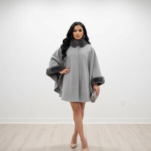 Woolen Gray Cape with Faux Fur Trim